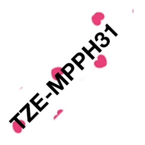 Brother tape zwart op roze harten (TZEMPPH31), 12mm, gelamineerd